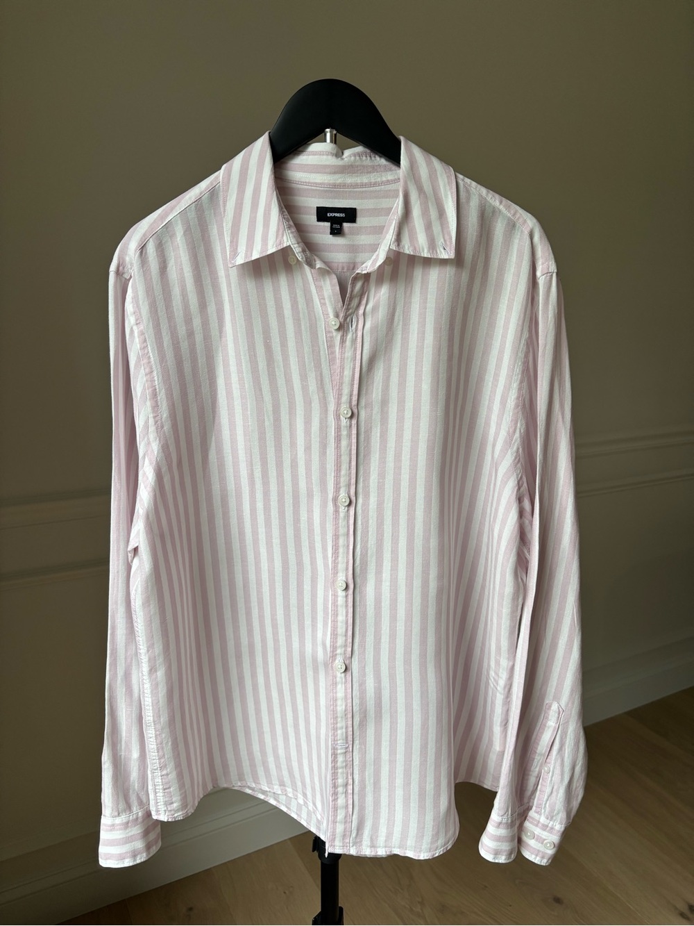 Express Pink & White Linen Striped Men's Button-Down Shirt